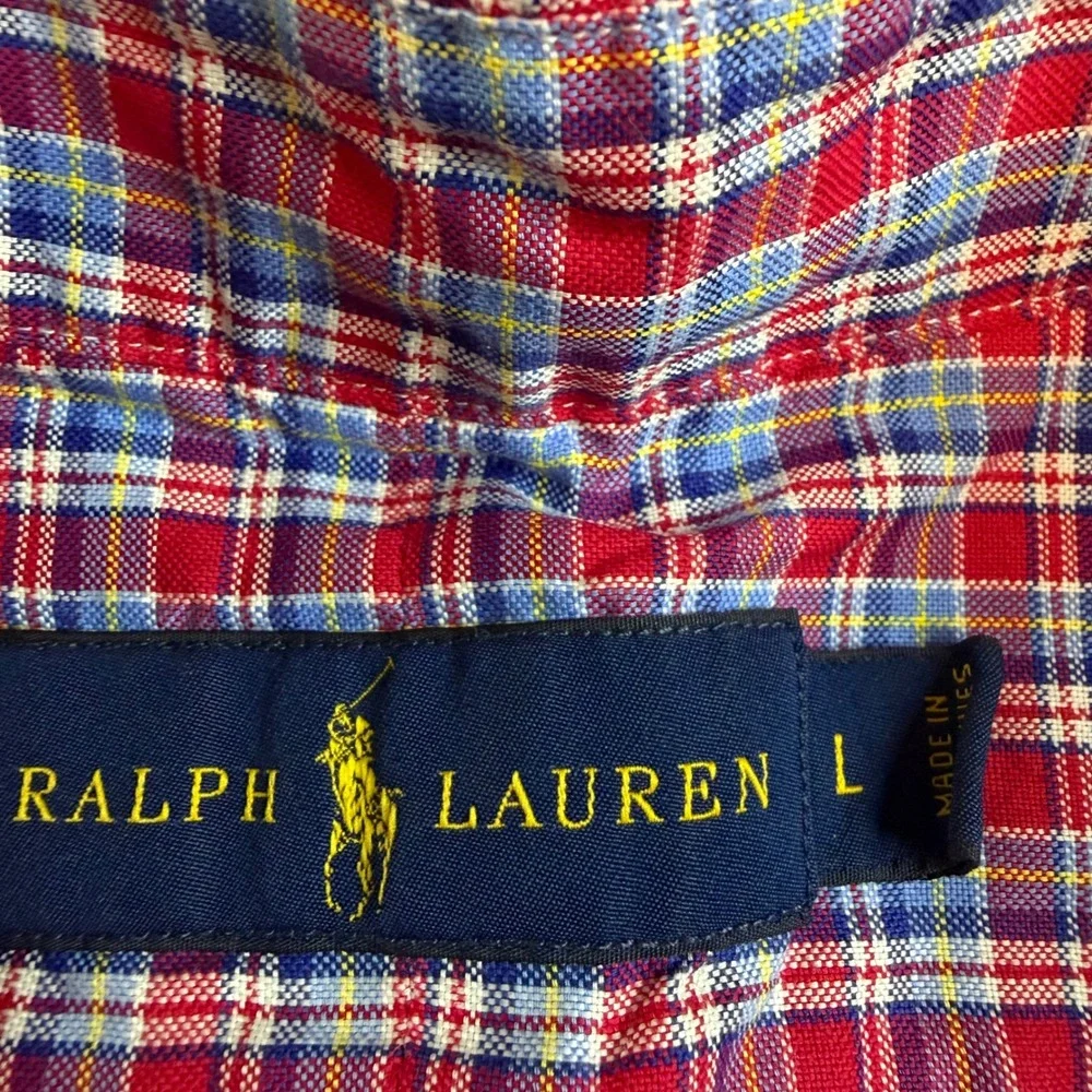Polo Ralph Lauren‎ Mens Large Plaid Button Down Shirt Red Blue Cotton